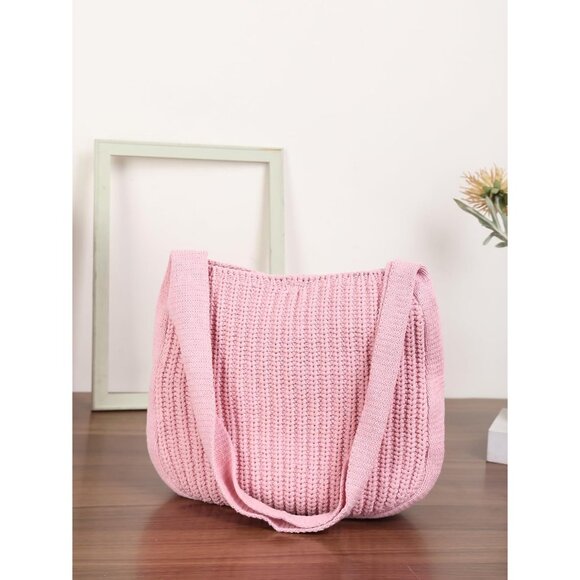 Women's Pink Shoulder Handbags Crocheted Bags Large Knit Bag Tote Bag - Picture 4 of 9